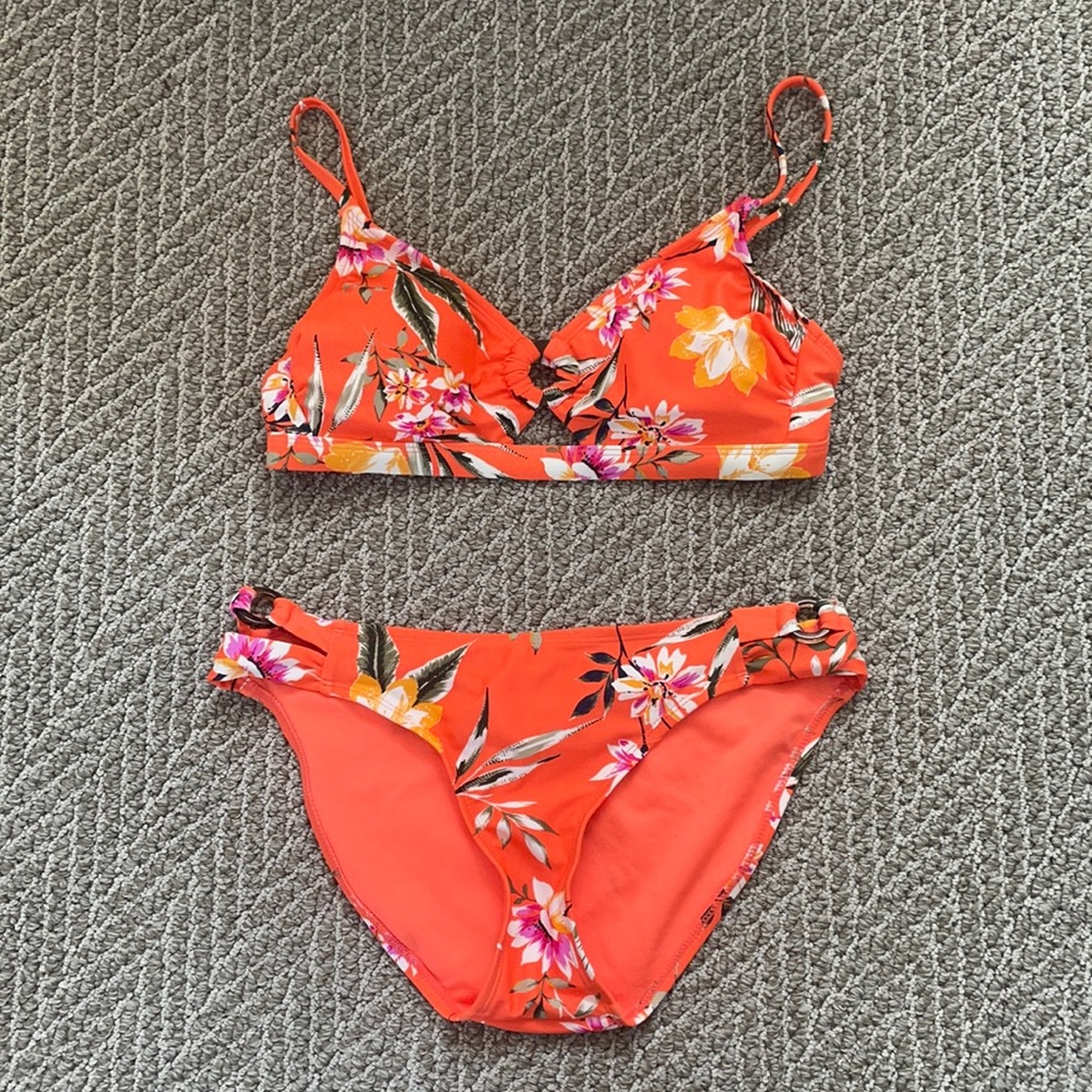 Orange floral swimsuit set.